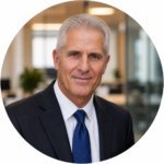 Man with grayish hair in a black suit, white polo, and blue necktie